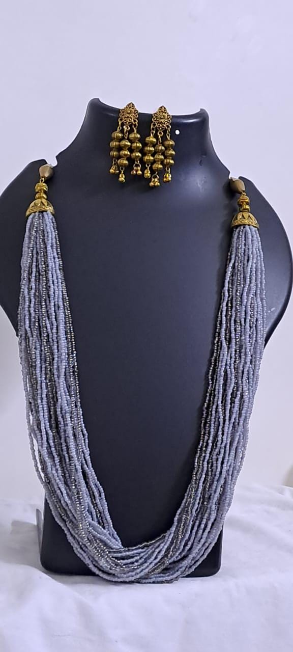 Exclusive multi layered  grey glass beads necklace set with golden oxidised matching earrings