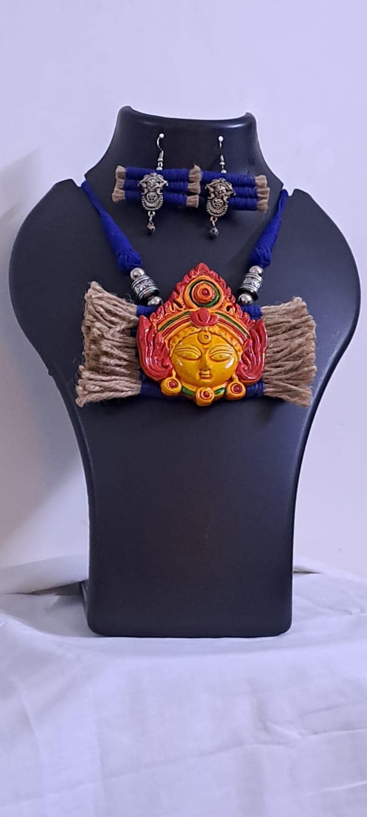 Terracotta Durga pendant jute necklace set with matching earrings