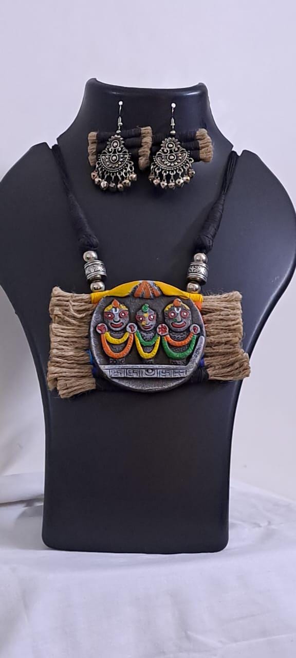 Terracotta Lord Jagannath pendant jute necklace set with matching earrings