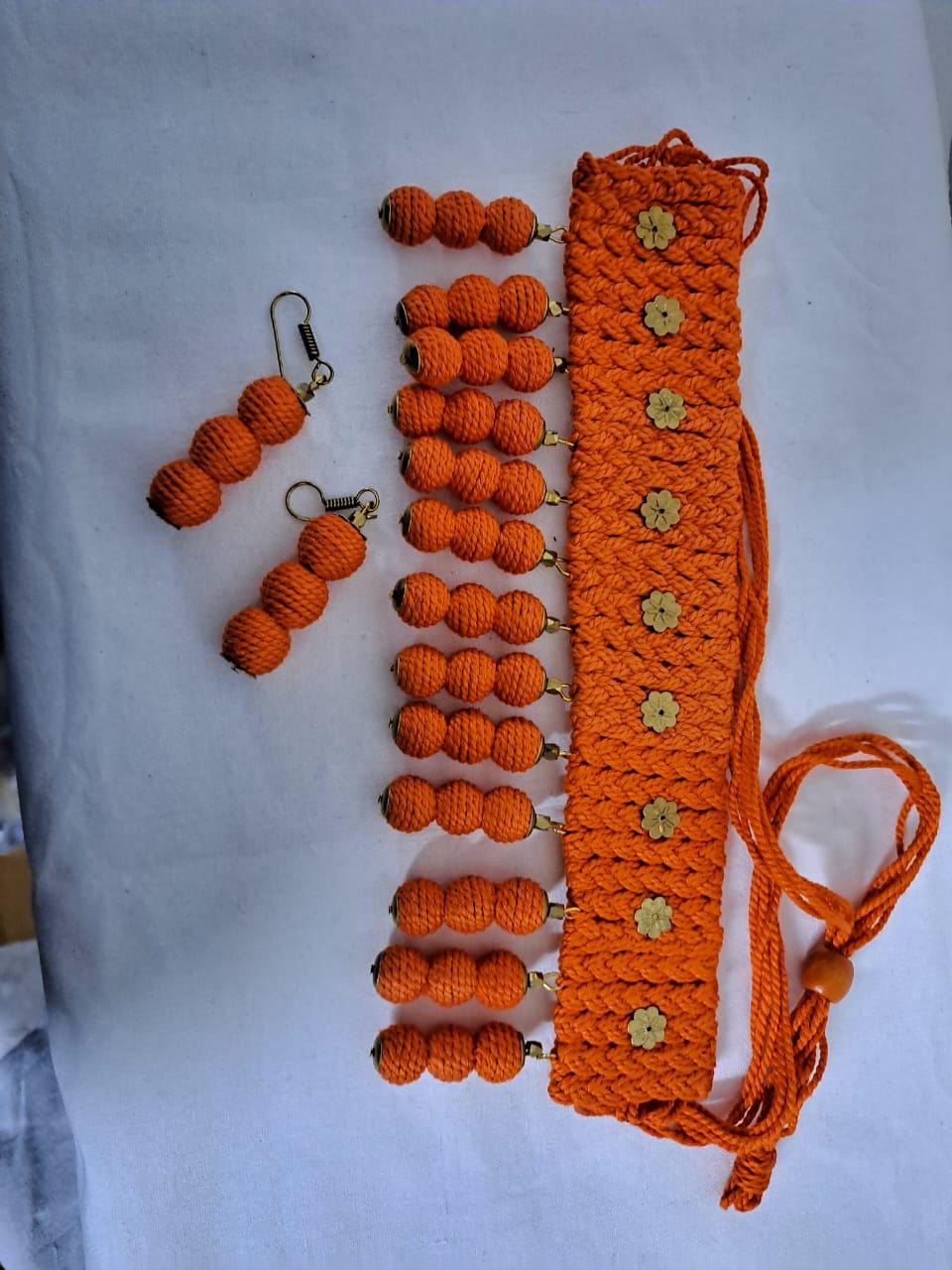 Orange braided choker necklace set with fringes and matching earrings