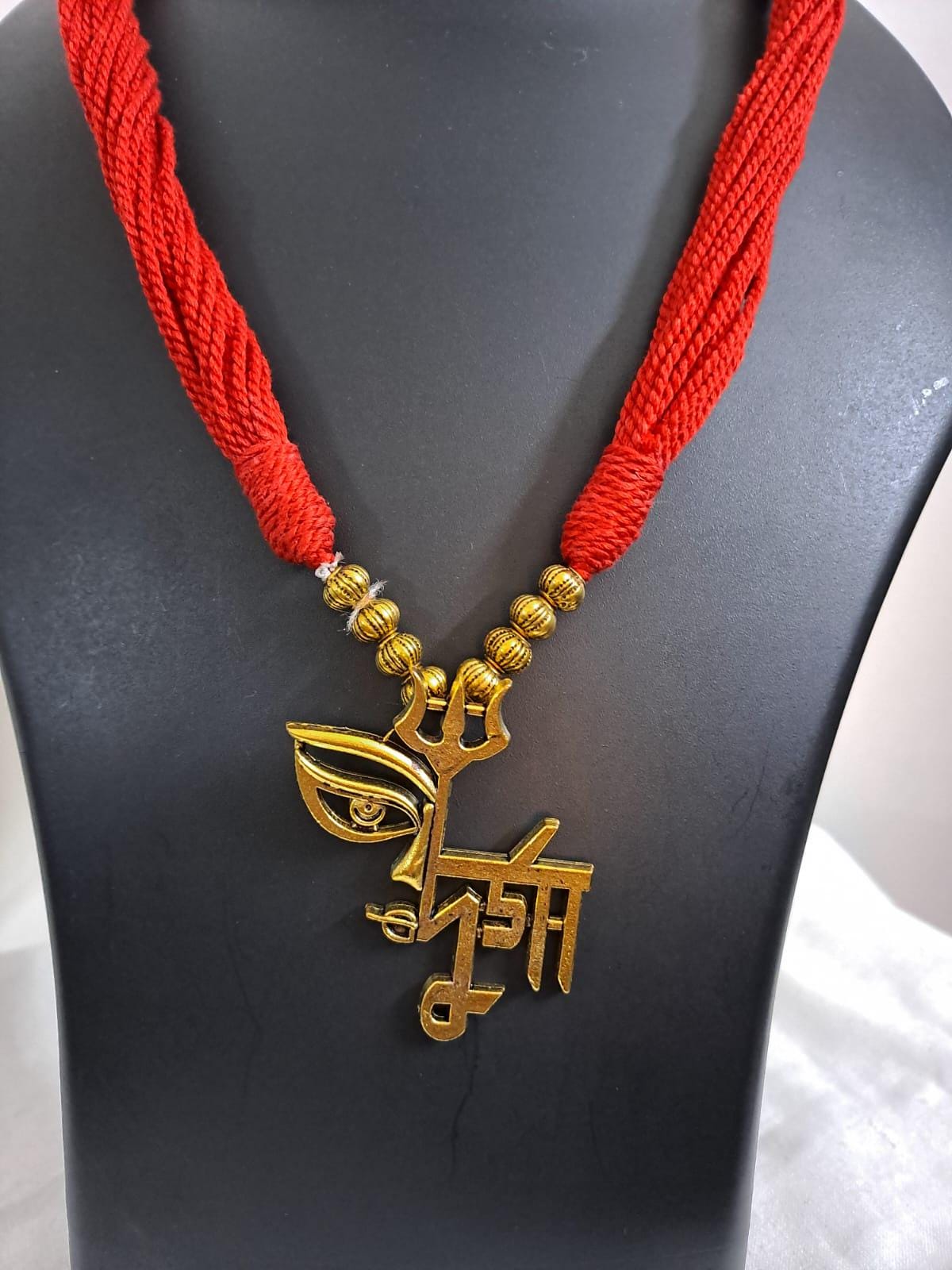 Red thread necklace set with golden oxidised Durga pendant n matching earrings