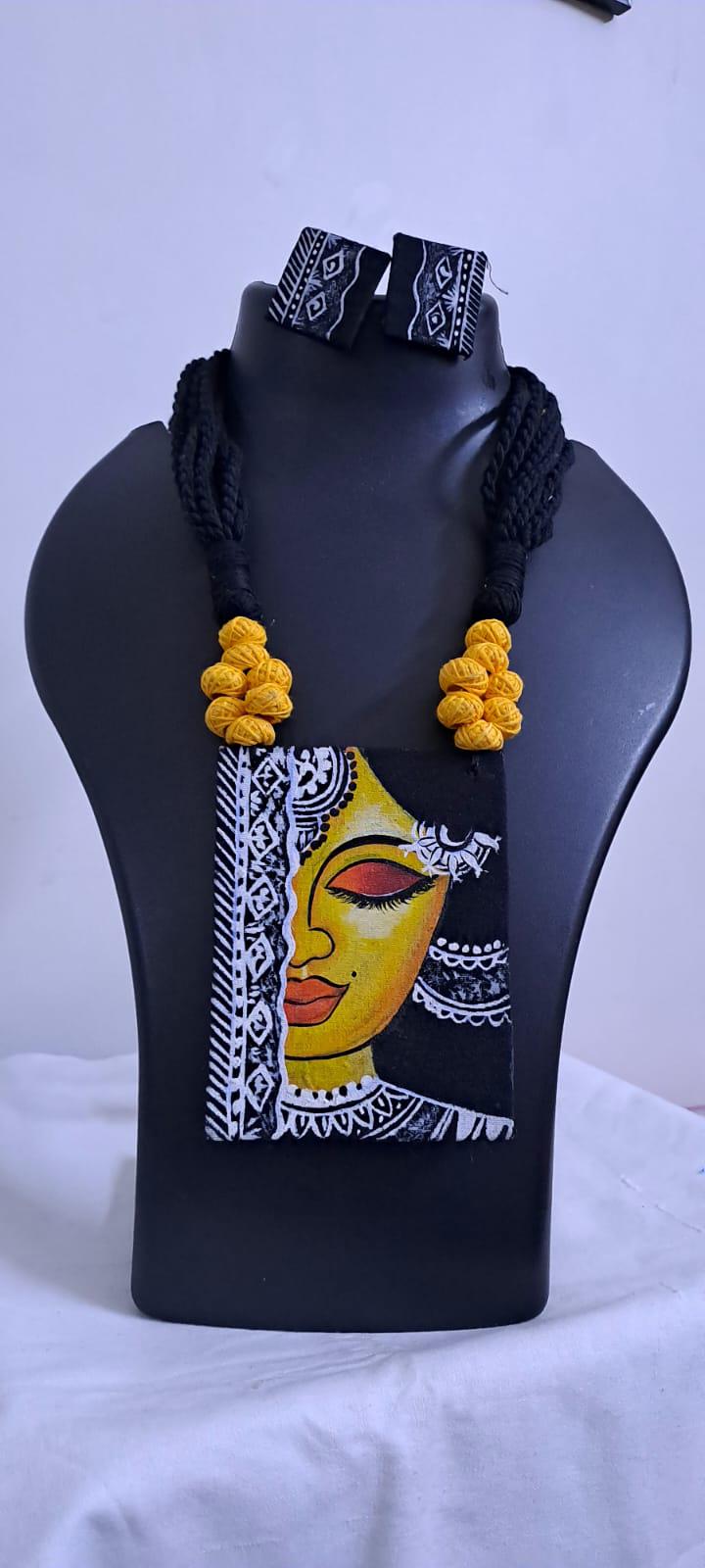 Handpainted fabric necklace set with earrings