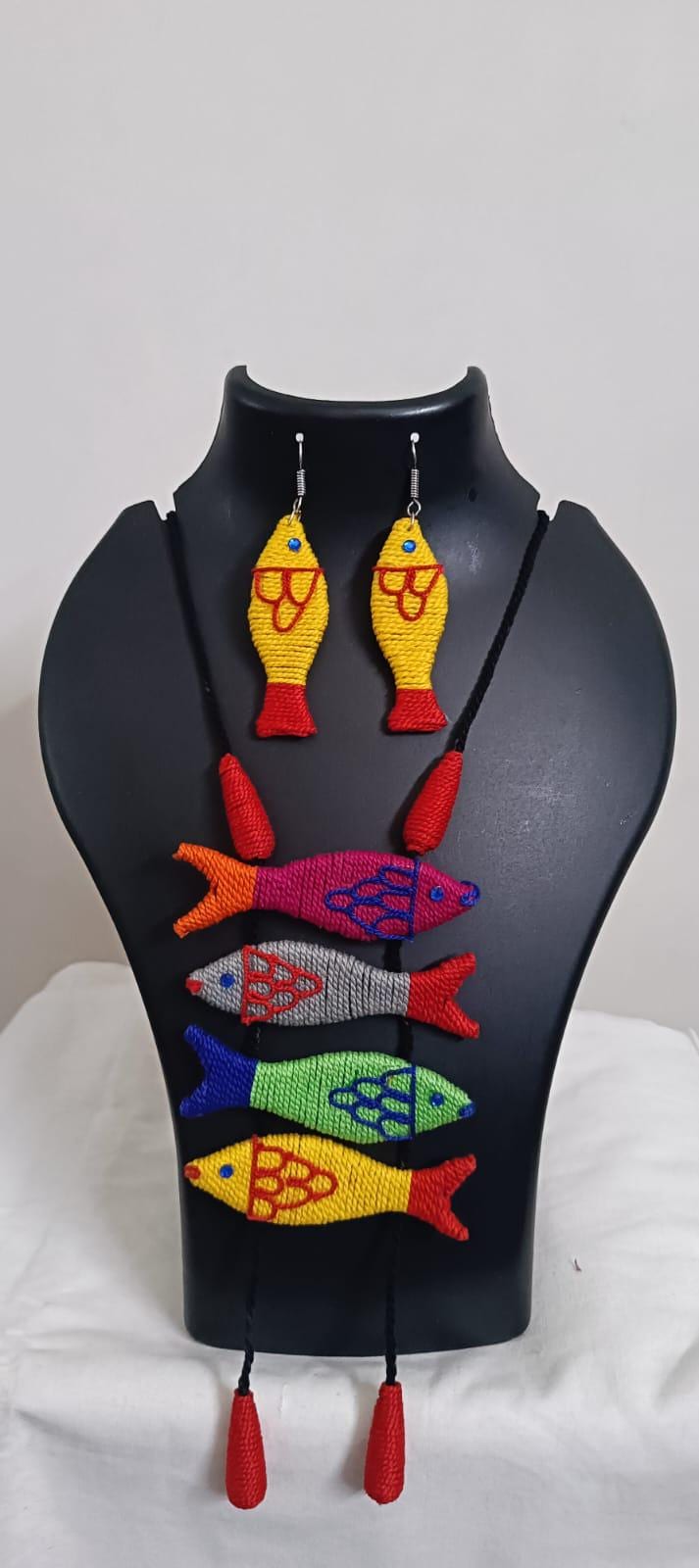 Multi colour crochet thread necklace with fish pendant and matching thread earrings