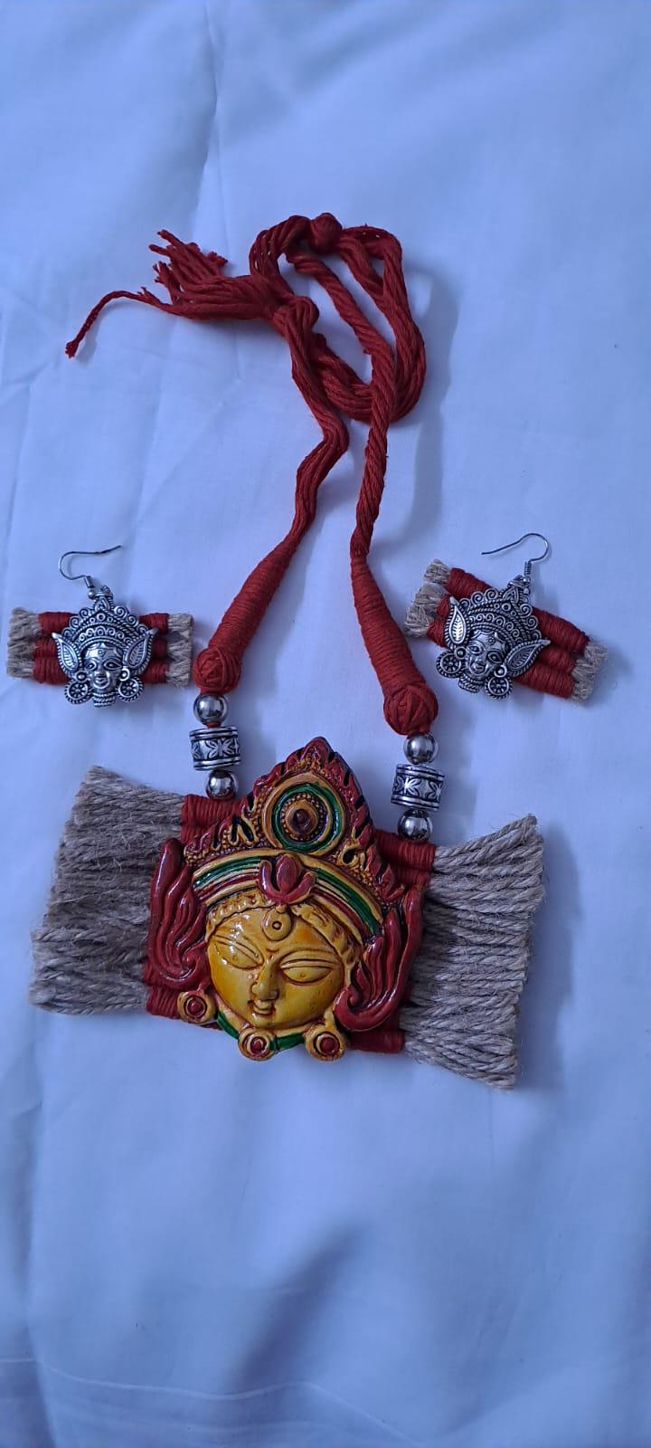Terracotta Durga pendant jute necklace set with matching earrings