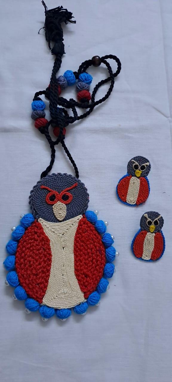 Handmade thread jewellery necklace set with owl pendant and matching earrings