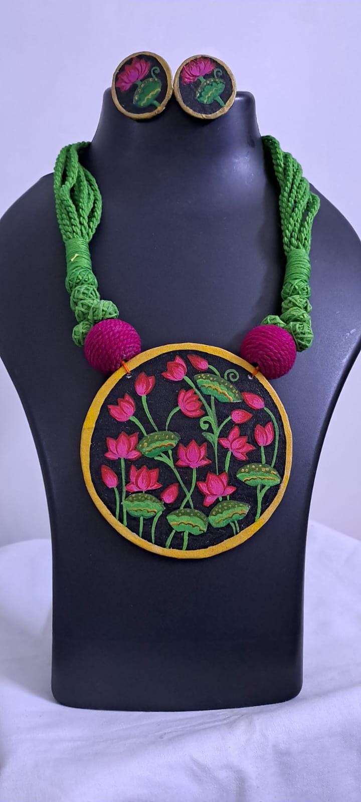 Handpainted fabric necklace set with earrings
