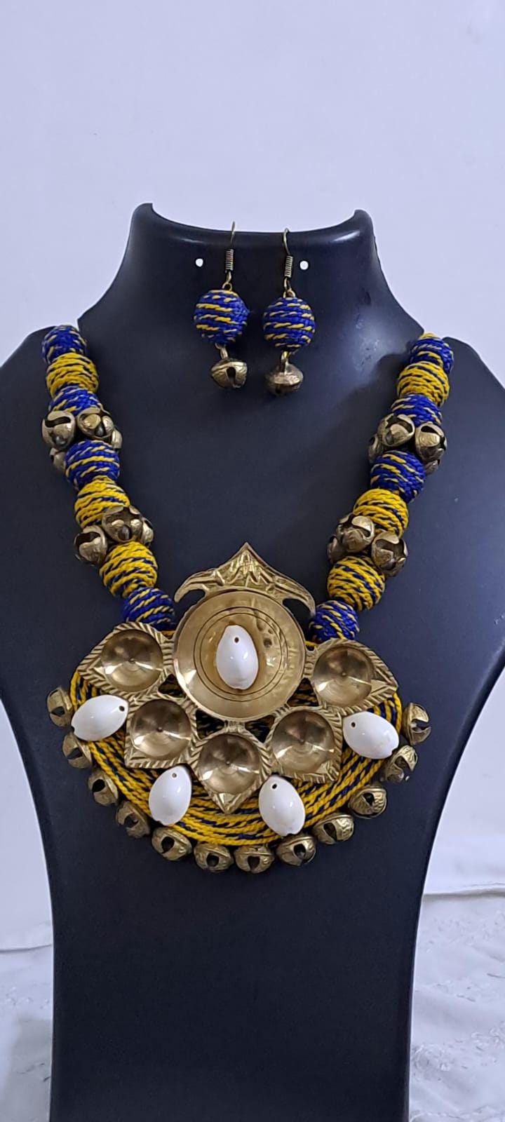 Blue yellow thread beads necklace set with dokra pendant n matching earrings