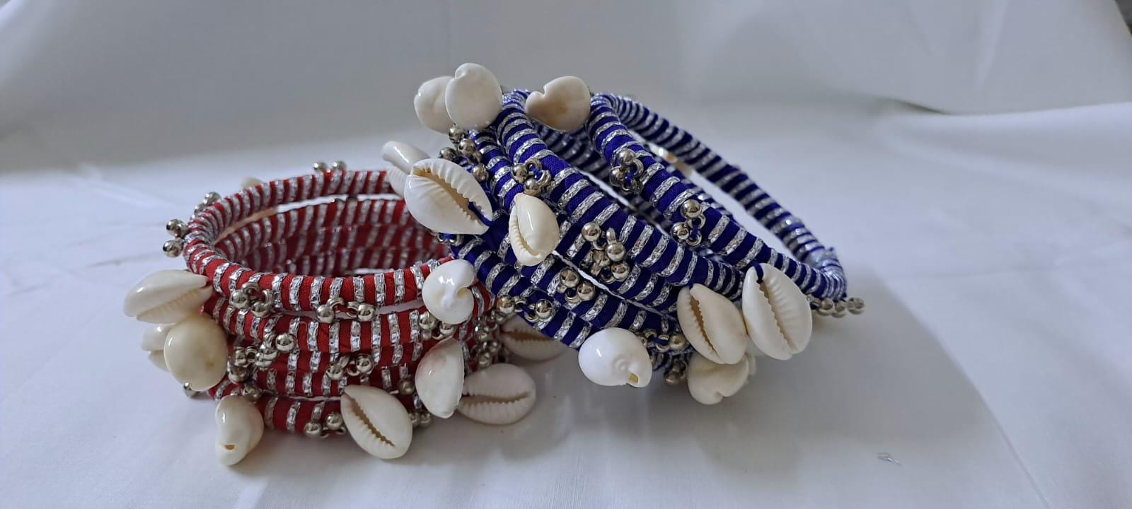 Blue and red colour traditional zari thread and kori bangles (set of 10 bangles)