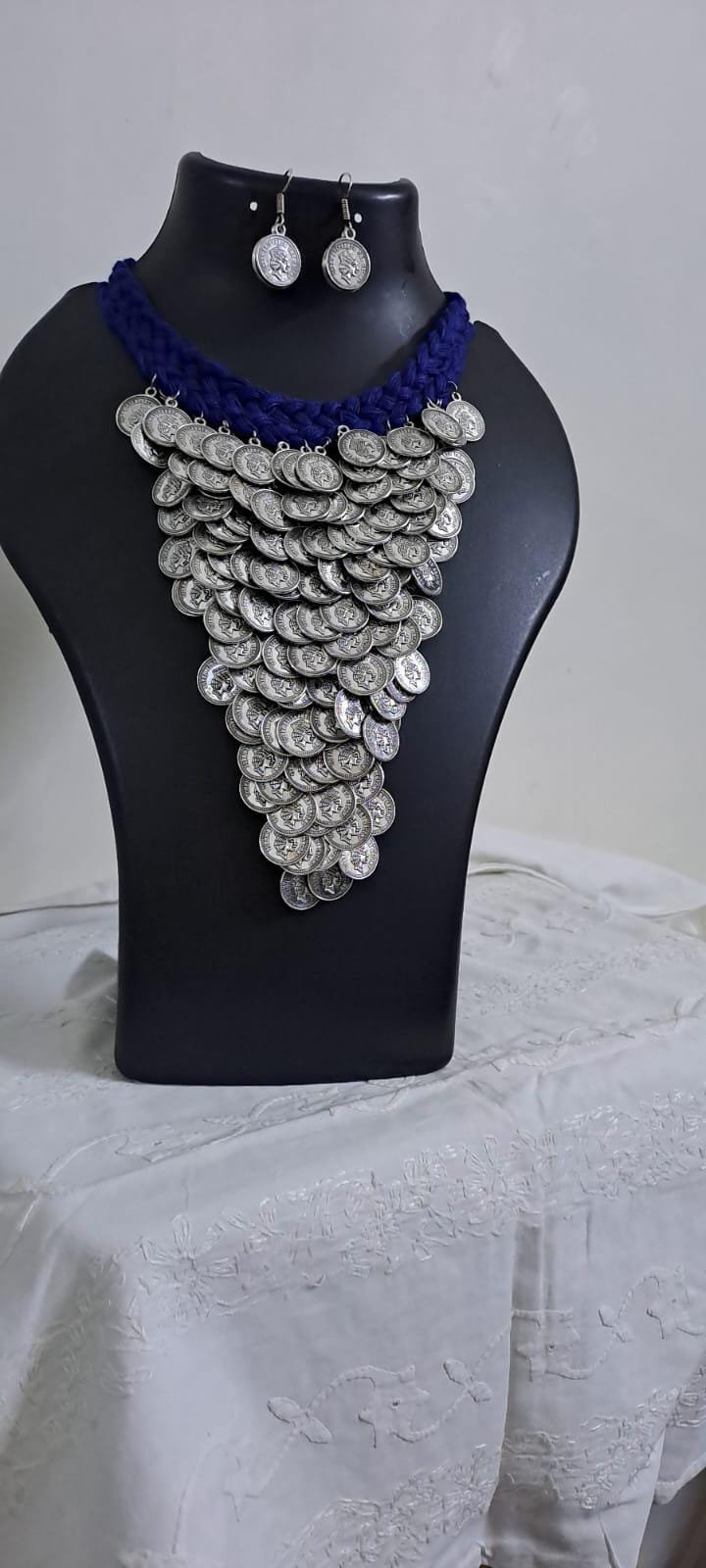 Braided blue choker necklace set with multi layered fringes n matching earrings