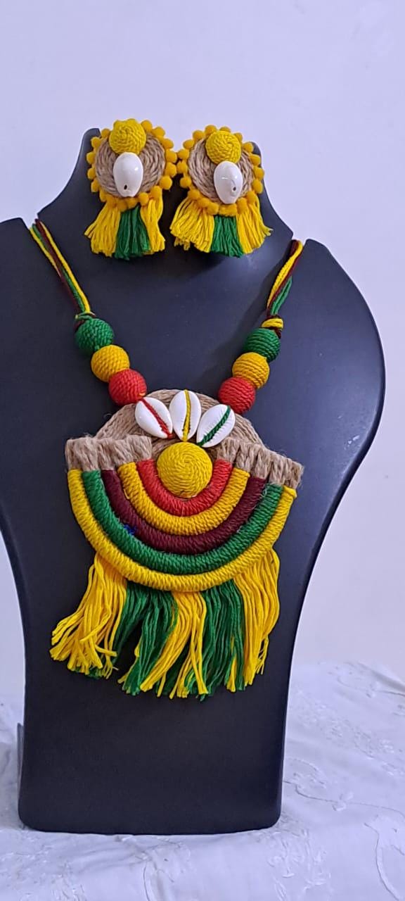 Exclusive multicoloured thread necklace set with jute n thread pendant n matching earrings
