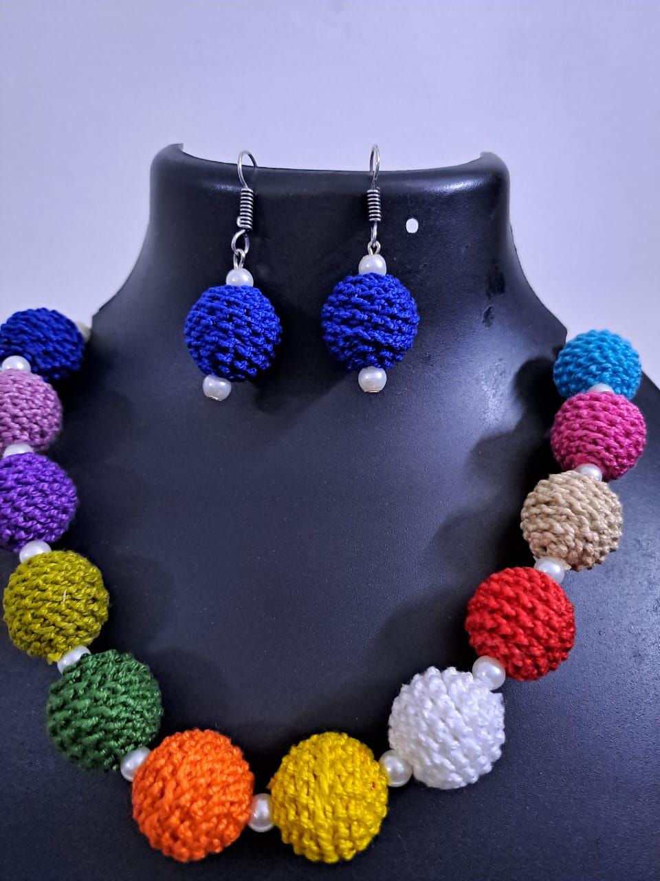 Crochet thread beads necklace set with matching earrings