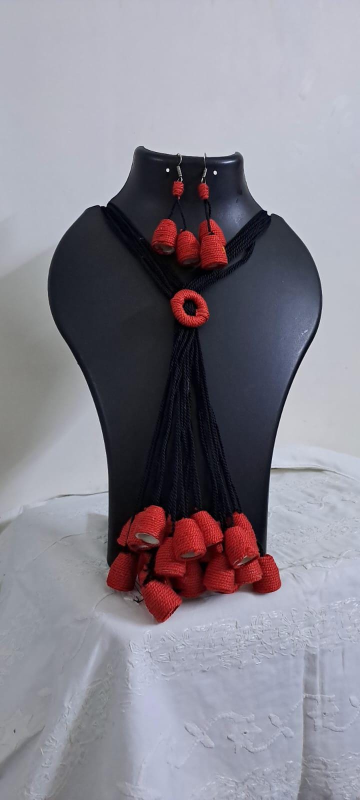 Red thread necklace with multiple thread aparajita flower fringes n matching earrings