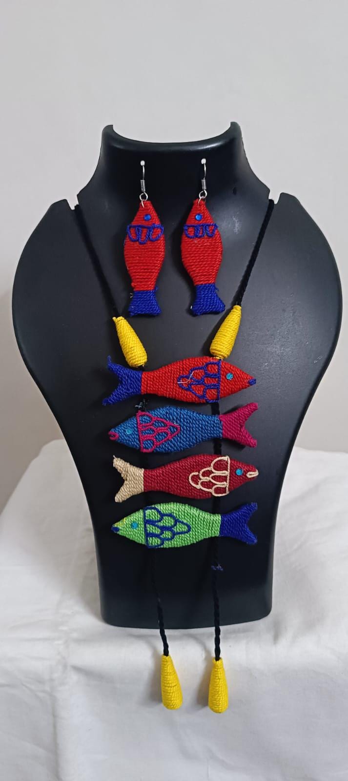 Multi colour crochet thread necklace with fish pendant and matching thread earrings