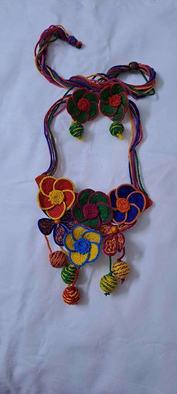 Multi colour flower thread necklace with thread bead fringes and matching earrings