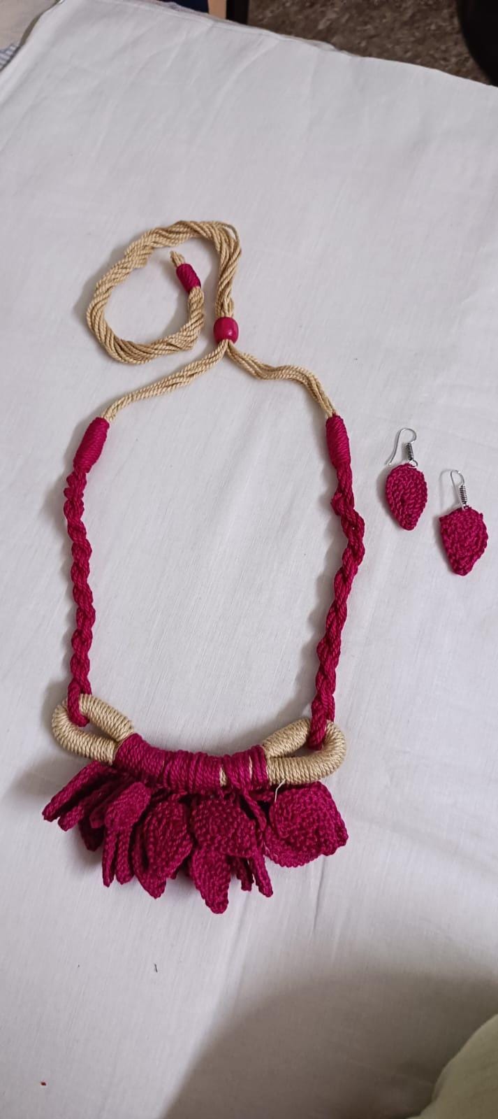 Pink Crochet thread necklace set with leaf fringes and matching earrings