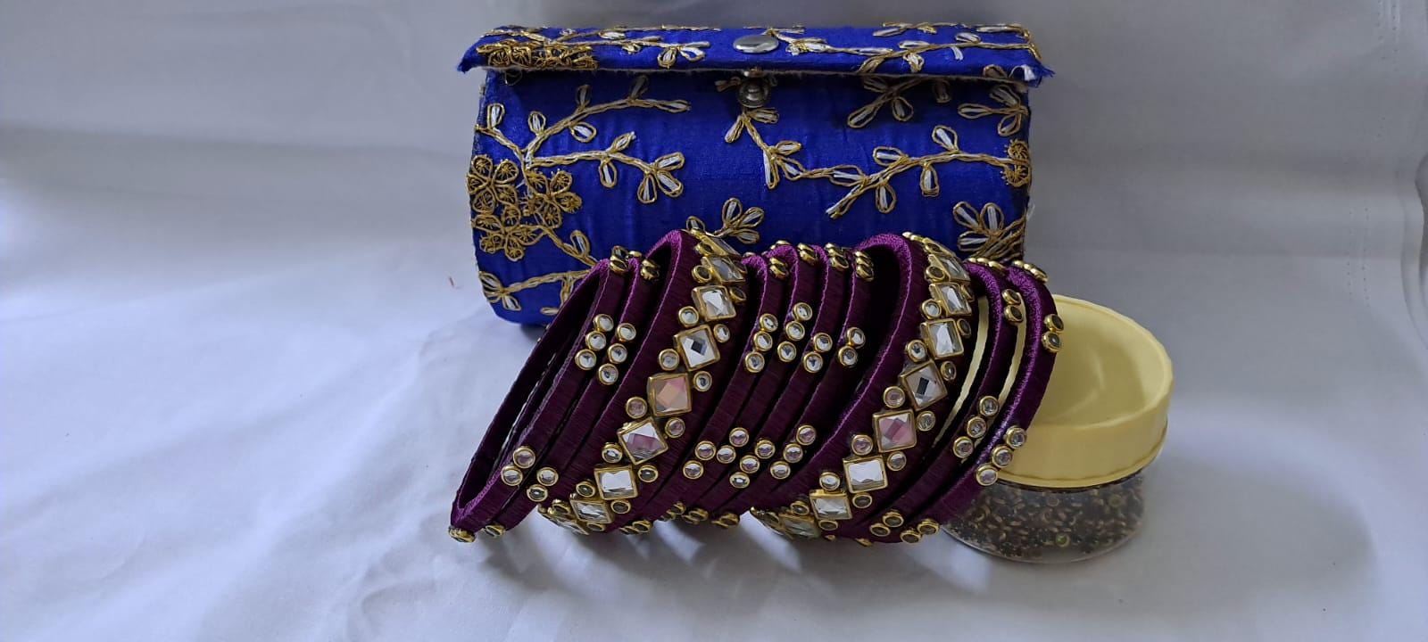 Purple colour traditional thread kundan bangles with zari bangle box