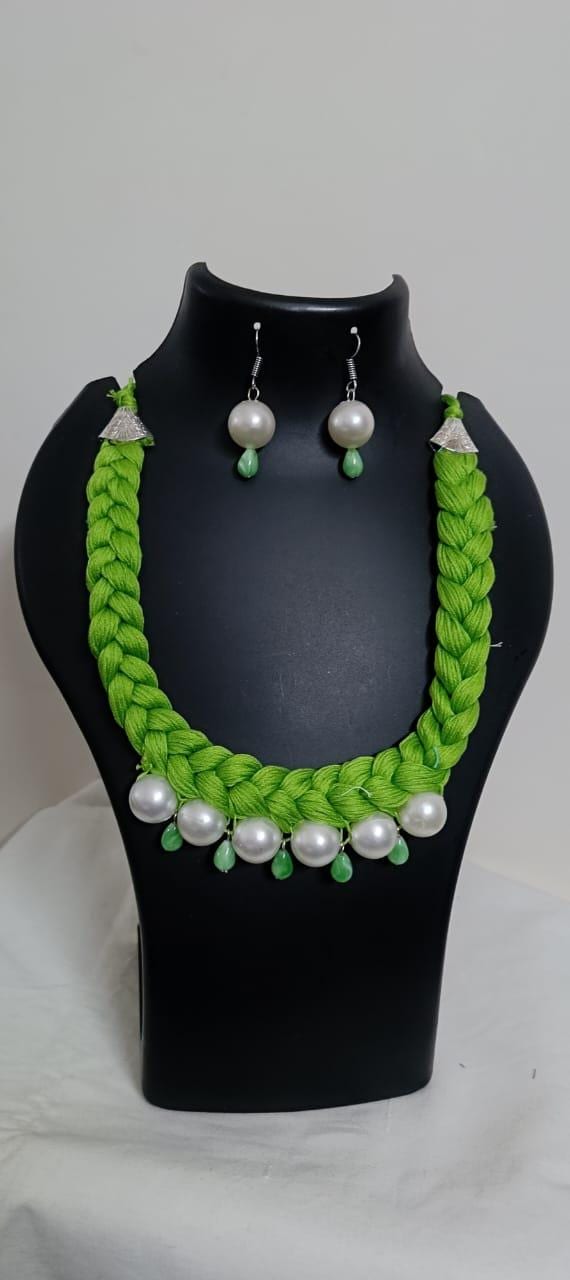 Green  braided thread necklace with pearl n pearl danglers