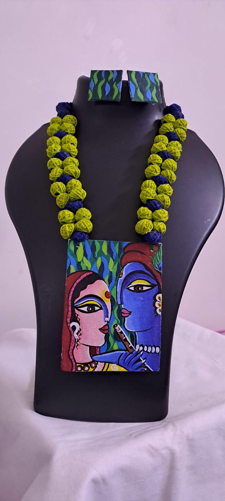 Handpainted fabric necklace set with earrings