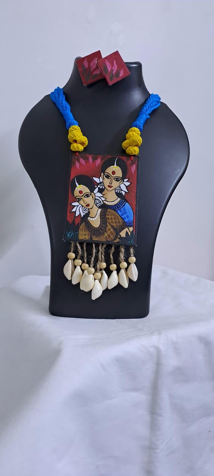 Handpainted fabric jewellery set with matching earrings