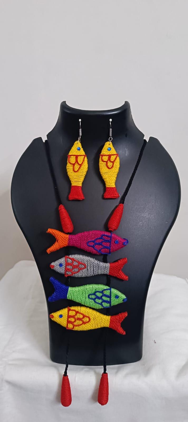 Multi colour crochet thread necklace with fish pendant and matching thread earrings