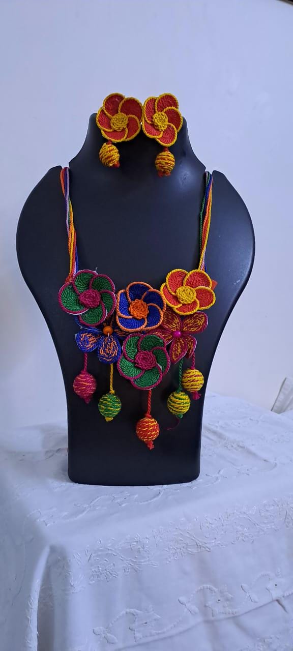 Multi colour flower thread necklace with thread bead fringes and matching earrings