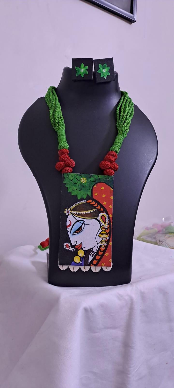 Handpainted fabric jewellery set with matching earrings