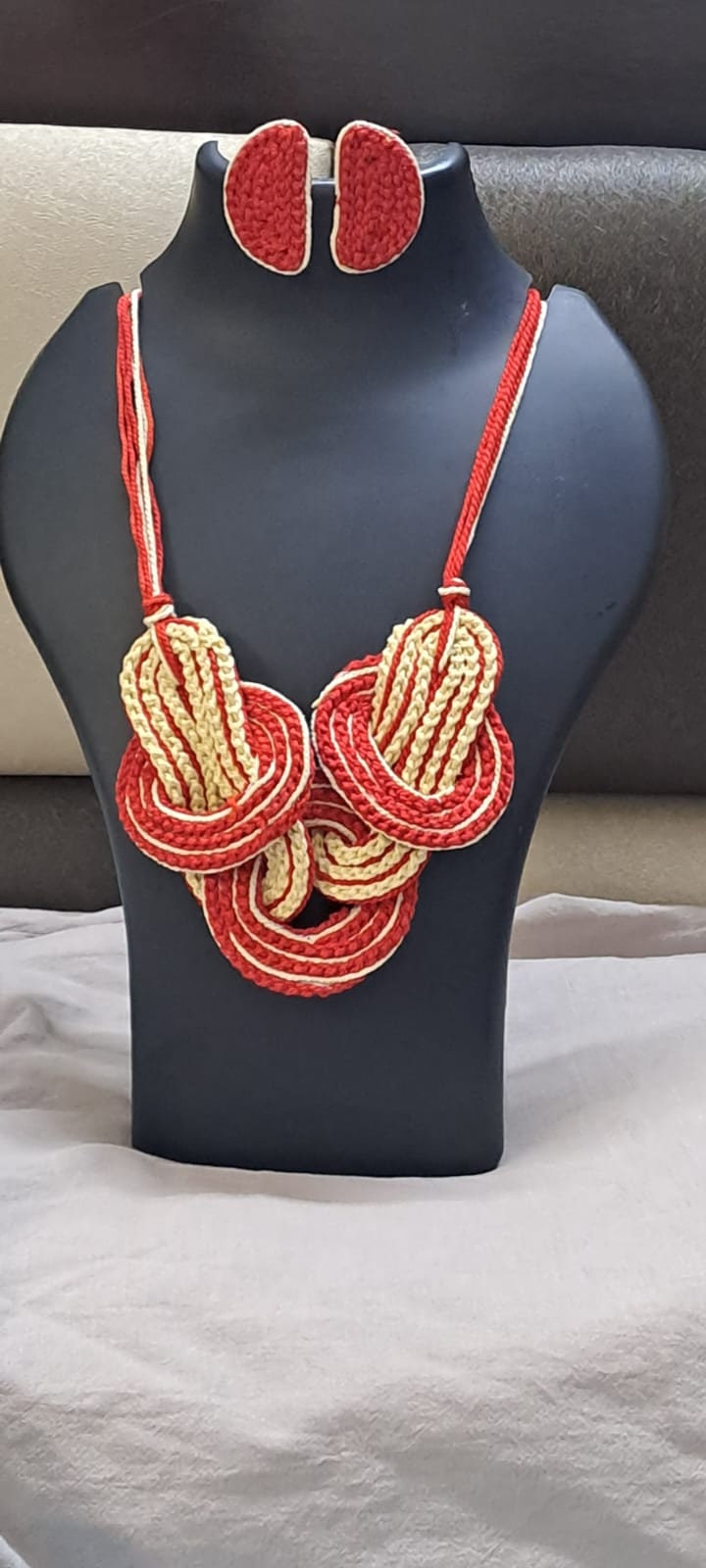 Celtic knot thread necklace with matching thread earrings.