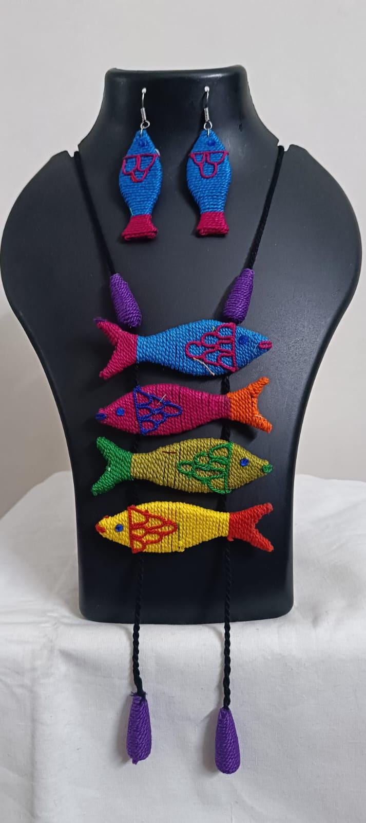 Multi colour crochet thread necklace with fish pendant and matching thread earrings