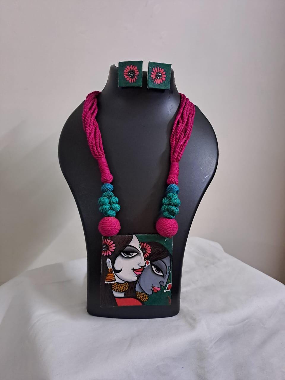 Handpainted fabric jewellery set with matching earrings