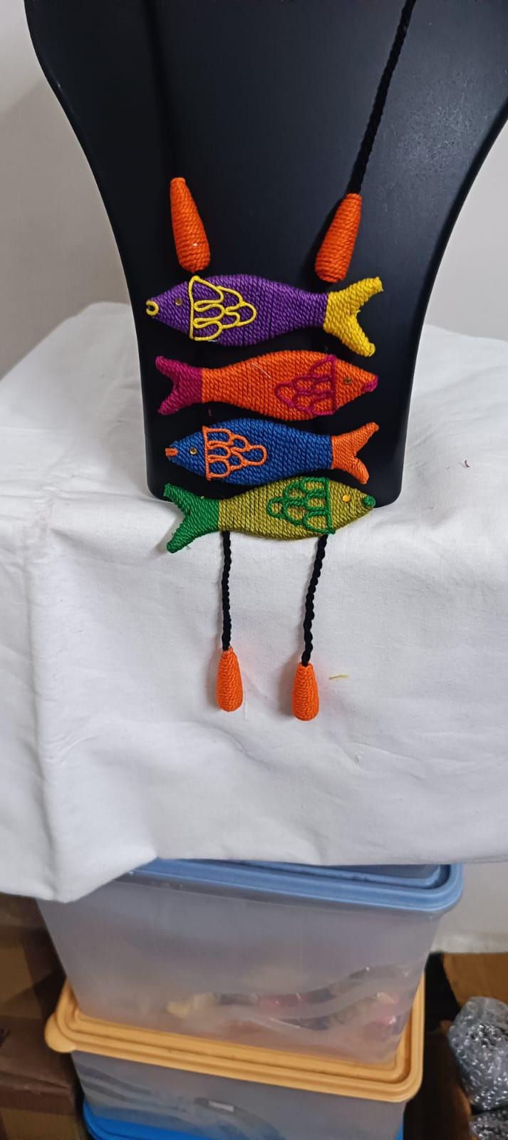 Multi colour crochet thread necklace with fish pendant and matching thread earrings