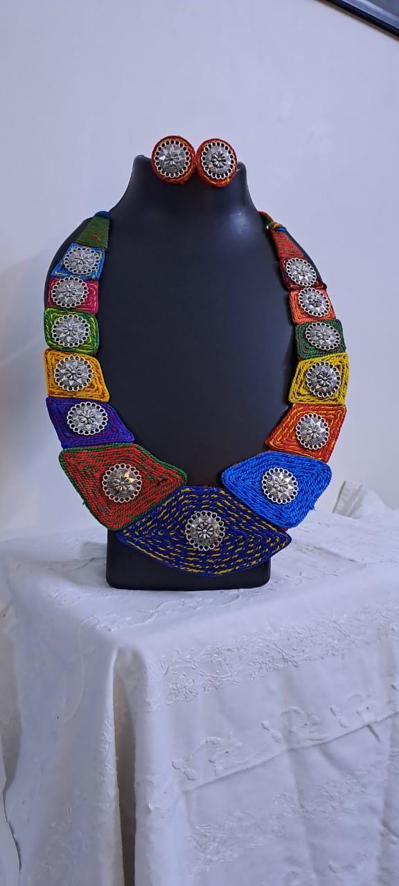 Exclusive  necklace set with multiple thread n  silver oxidised pendants n matching earrings