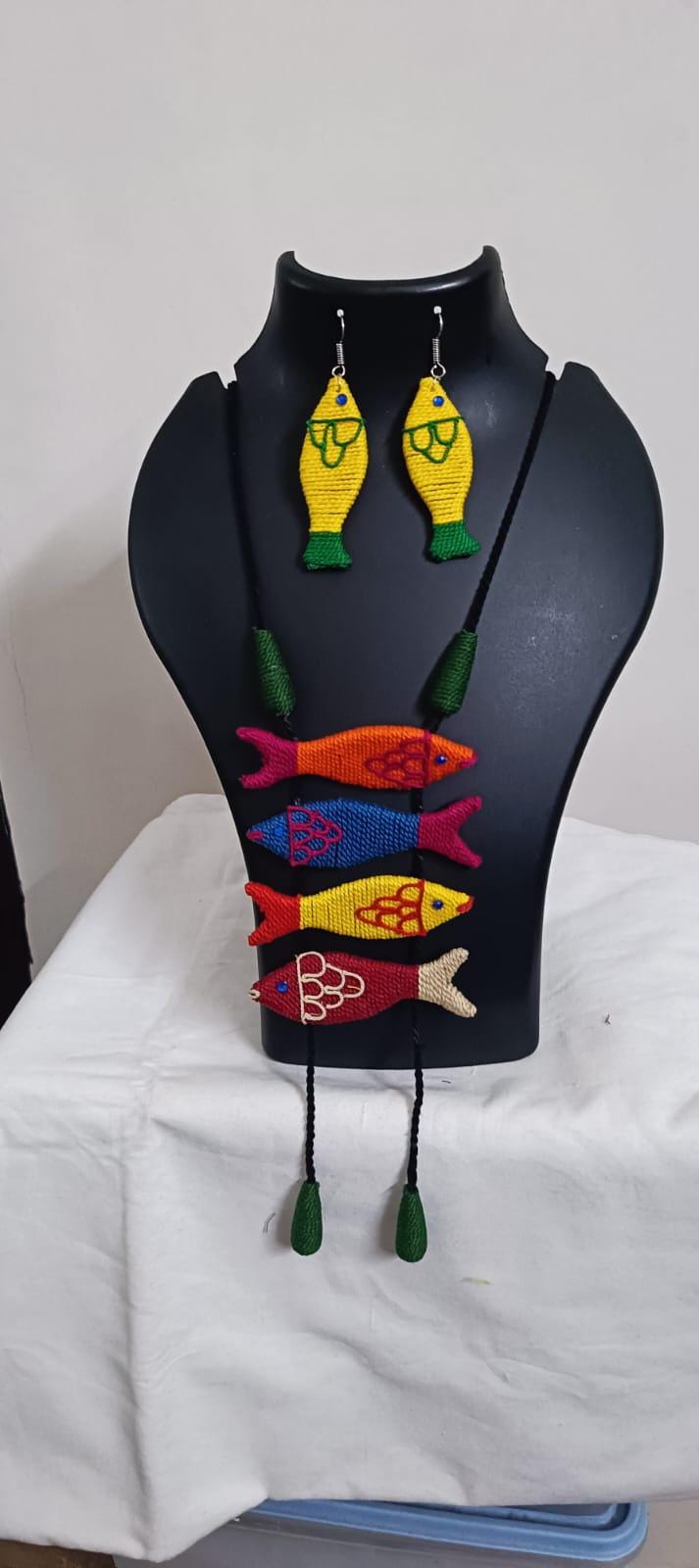 Multi colour crochet thread necklace with fish pendant and matching thread earrings