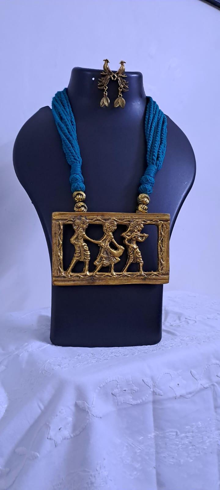Sea green thread necklace set with dokra pendant n matching earrings
