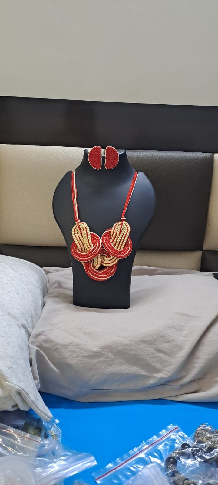 Celtic knot thread necklace with matching thread earrings.