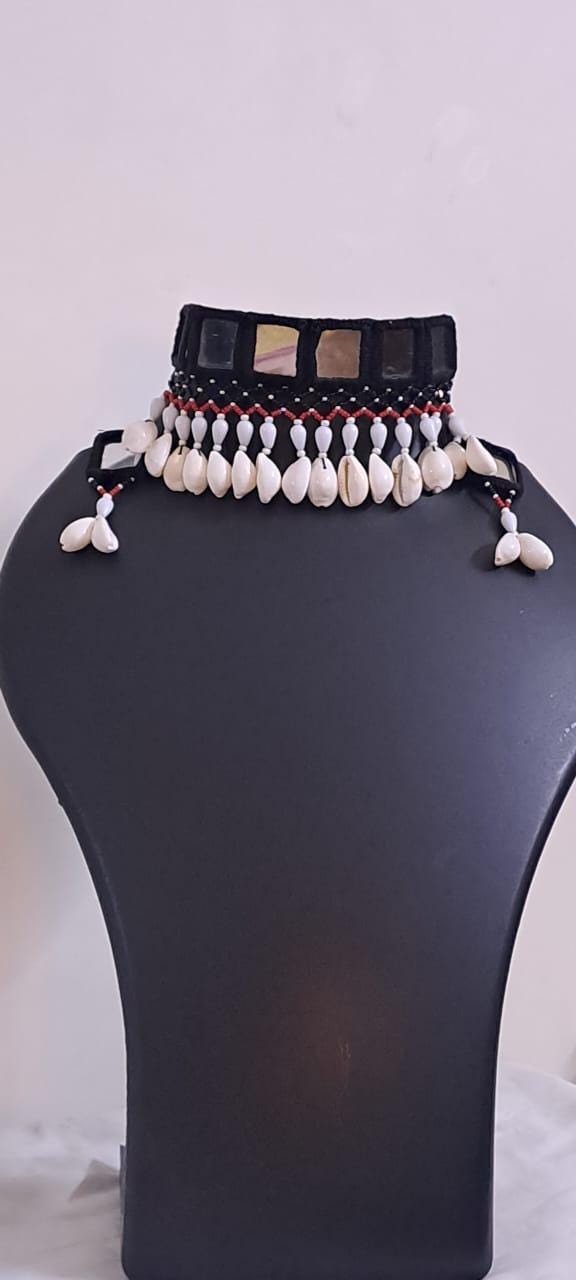 Handmade Kutch Glass work choker necklace with beads n shell fringes and glass work earrings