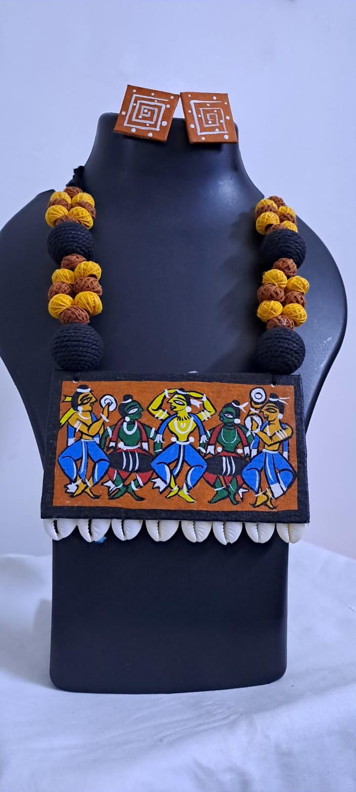 Handpainted fabric necklace set with earrings