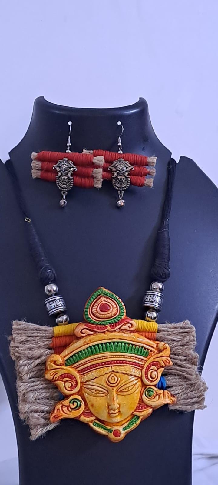 Terracotta Durga pendant jute necklace set with matching earrings