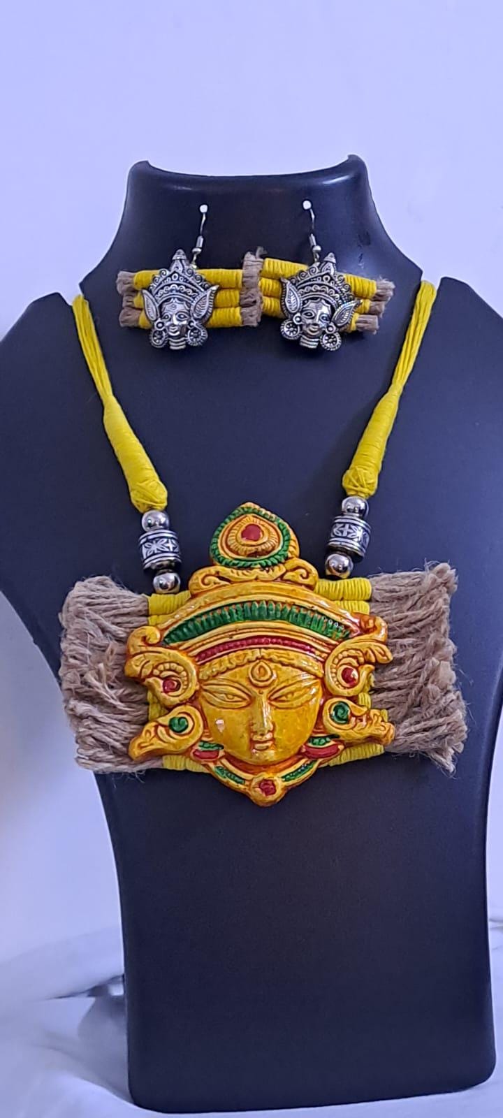 Terracotta Durga pendant jute necklace set with matching earrings