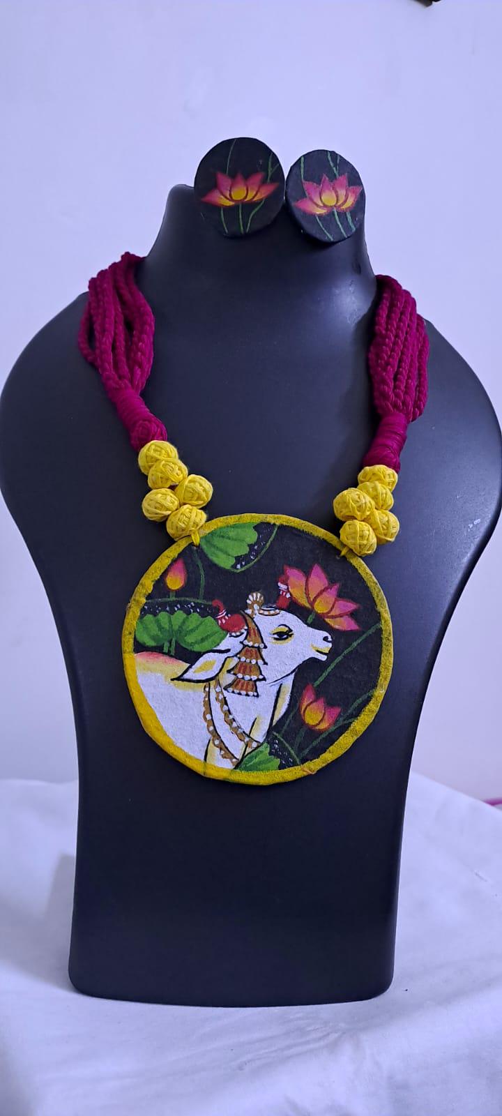Handpainted fabric jewellery set with matching earrings