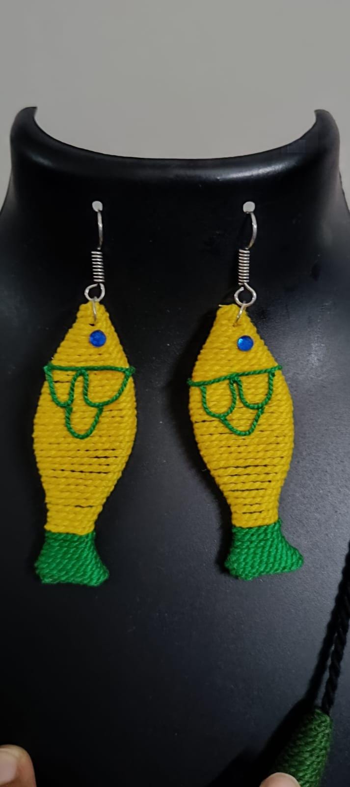 Multi colour crochet thread necklace with fish pendant and matching thread earrings