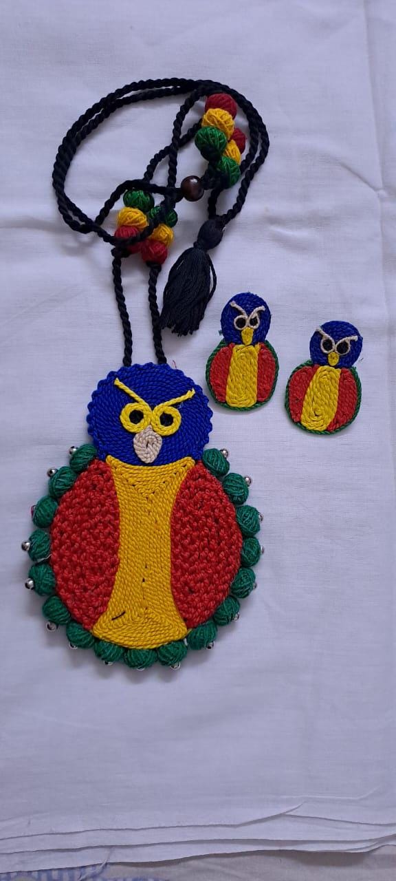 Handmade thread jewellery necklace set with owl pendant and matching earrings