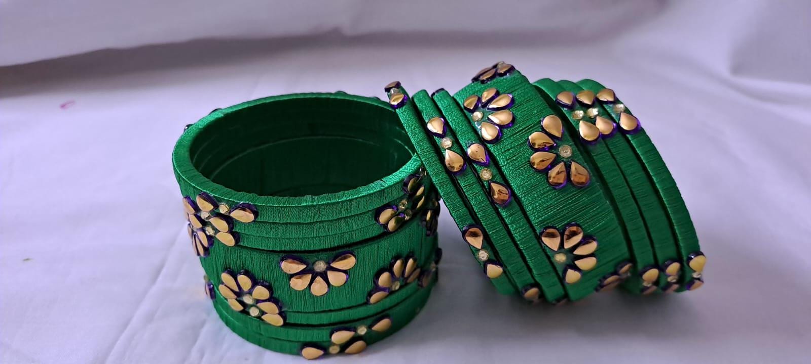 Green colour traditional thread kundan bangles with zari bangle box