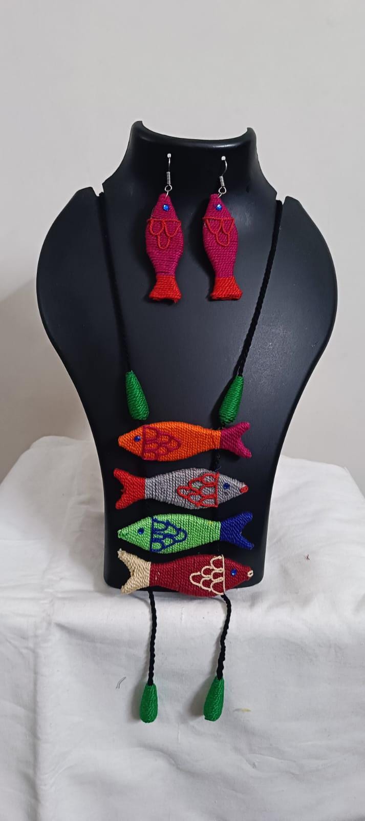 Multi colour crochet thread necklace with fish pendant and matching thread earrings
