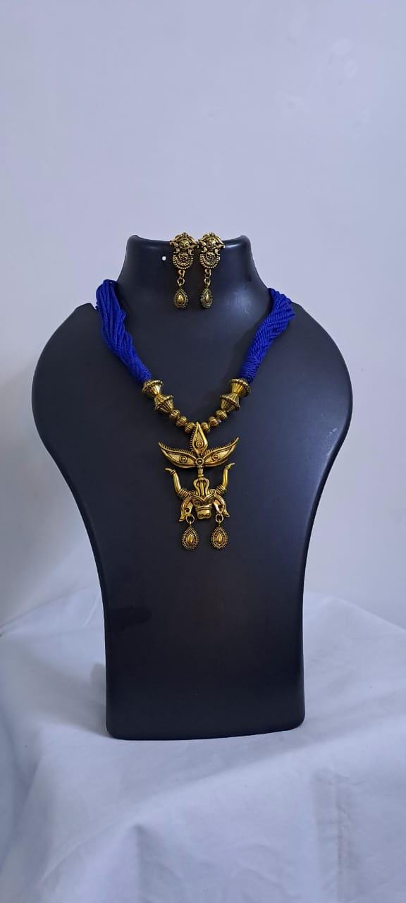Blue thread necklace with Golden oxidised traditional pendant