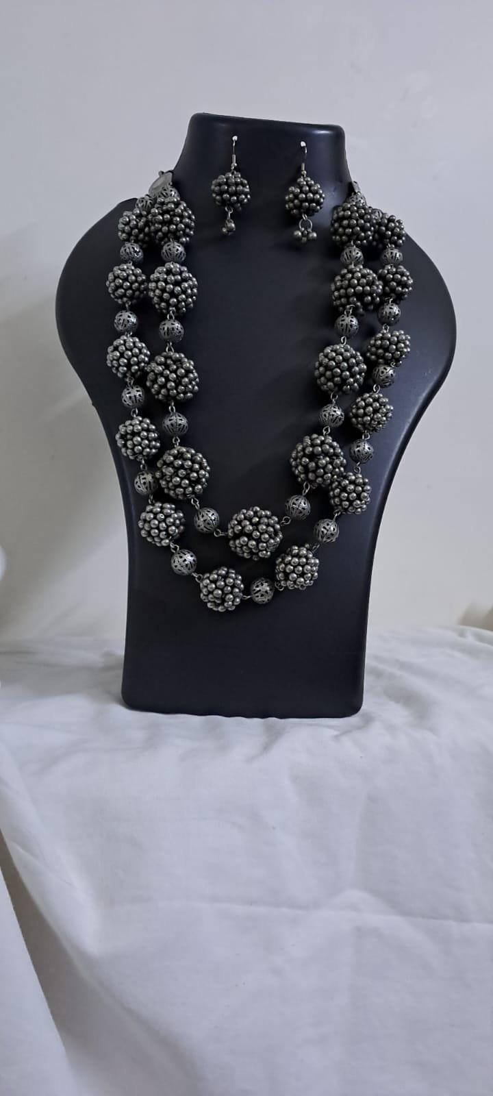 Exclusive silver oxidised long chain set with matching earrings