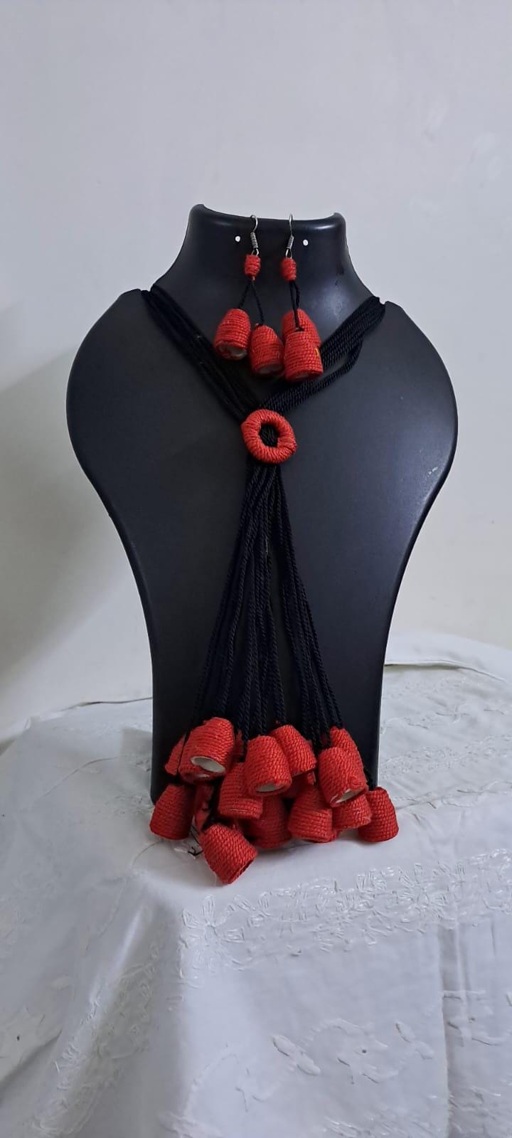 Red thread necklace with multiple thread aparajita flower fringes n matching earrings