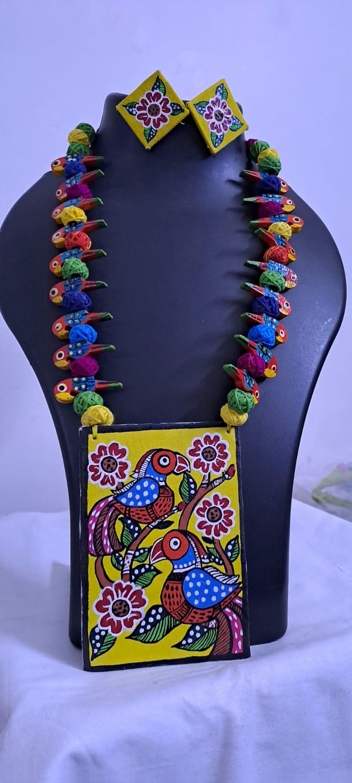 Handpainted fabric necklace set with earrings