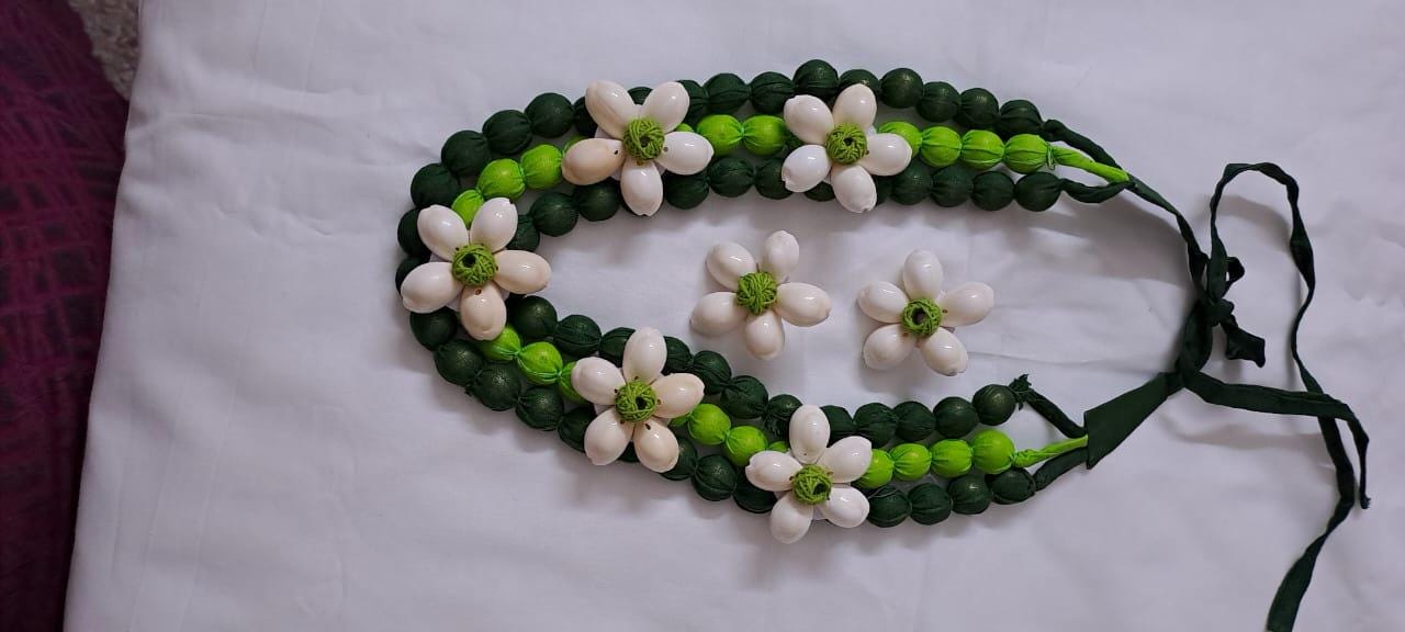 Exclusive multi-layered green fabric necklace with shells n matching earrings