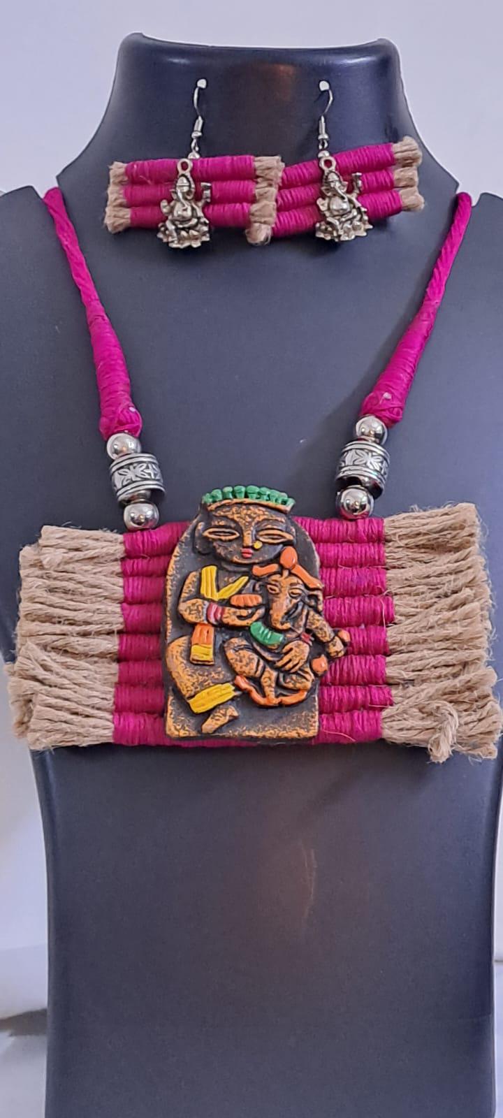 Terracotta Ganesha & Parvati pendant jute necklace set with matching earrings