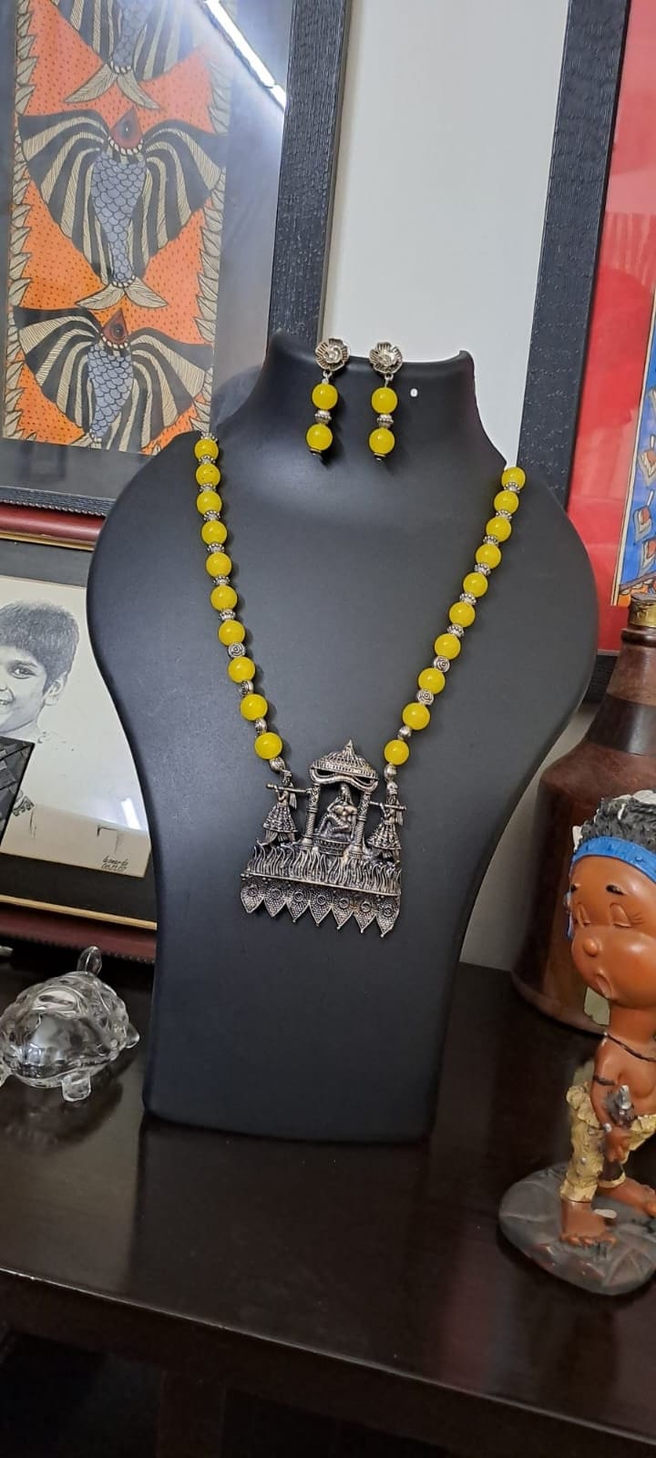 Yellow glass beads necklace with oxidised silver pendant